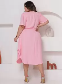 Women's Plus Size Midi Dress Wrapped Short Sleeve Duna Elegant Casual - Baby Pink - View 3
