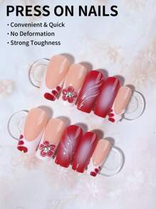 Bộ 24 miếng dán móng tay hoa 3D, hình vuông cỡ trung bình, kiểu móng Pháp, kèm 1 lọ sơn gel và 1 dũa móng, dễ dán, phù hợp cho nữ và bé gái sử dụng hàng ngày và dự tiệc. - Nhiều màu - Xem 2