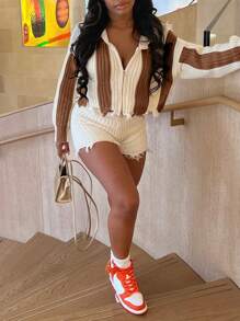 LovelyWholesale 條紋圖案灰色流蘇下擺角落肩針織開衫 - 棕色 - 查看 3