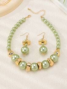 3pcs/Set Elegant Palace Style Pearl Necklace & Earrings Jewelry Set, Refined & Distinctive Design - Green - View 3