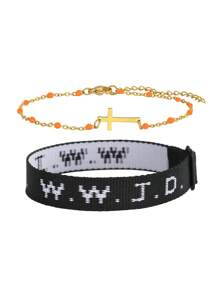 1 Pair WWJD What Will Jesus Do Letter Jacquard Knit Wristband Bracelet & Cross Decor Bohemian Beaded Bracelet Inspirational Christian Jewelry Set For Women Men For Daily Wearing
