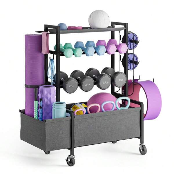 FavourLife Adjustable Dumbbell Rack, Weight Rack For Dumbbells, Home Gym Storage For Dumbbells Kettlebells Yoga Mat Ball, All In One Workout Equipment Organizer With Caster
