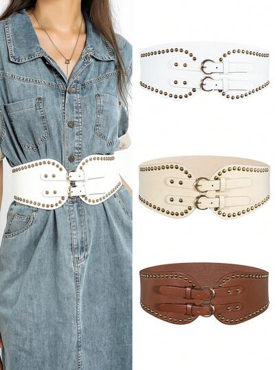 1pc Women's Wide Waist Buckle Elastic Waist Belt, Metal Buckle Decor Vintage High Waist Dress, Black