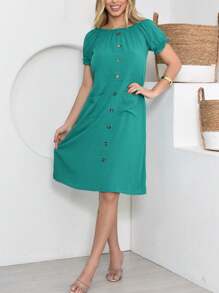 Vestido Feminino Com Botão E Bolso Moda Evangélica E Casual - Verde Menta - Visão 3