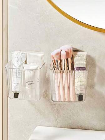 2 piezas Caja de almacenamiento vertical a rayas de lujo multifuncional de PET montada en la pared, organizador colgante de pared transparente para el baño para pasta de dientes, cepillo de dientes, pinceles de maquillaje, bastoncillos de limpieza, pañuelos, apto para baño, cocina, dormitorio