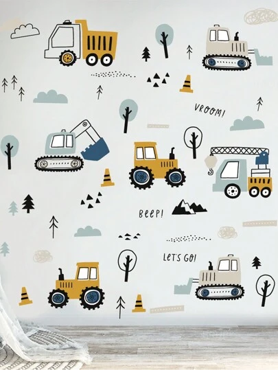 Väggdekaler med tecknade fordon, lämpliga för rum, väggdekaler med byggbil, kran, grävmaskin, väggdekaler för sovrum