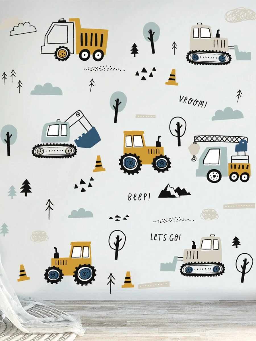 卡通车辆墙贴，适用于房间，工程卡车起重机挖掘机墙贴，卧室墙贴 - 彩色 - 查看 1