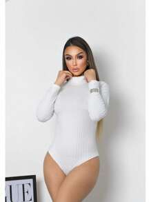Women's Long Sleeve Bodysuit With High Neck, Second Skin Blouse, Ribbed Mesh Bubble Imported, Casual, Work, Everyday - 白色 - 查看 1