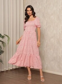 Long Dress With Puffed Sleeves Elastex Print - Pink - View 1