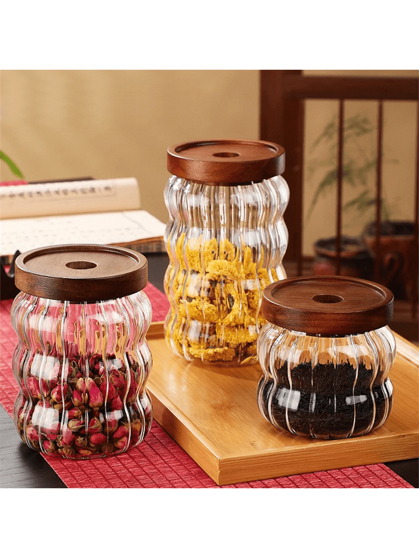 1 件创意谷物玻璃储物罐，带红木盖，密封硼硅酸盐玻璃咖啡豆罐 - 彩色 - 查看 1