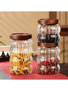 1 件创意谷物玻璃储物罐，带红木盖，密封硼硅酸盐玻璃咖啡豆罐 - 彩色 - 查看 4