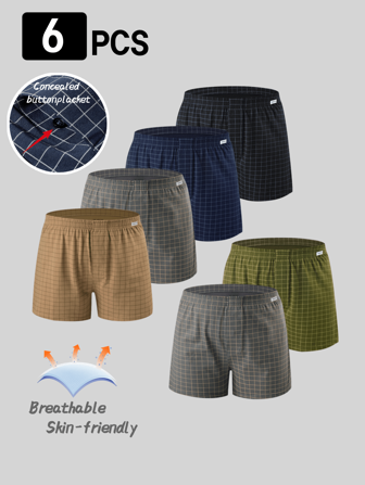 6 件装男士宽松三角裤，经典格子印花，舒适透气，适合居家、休闲和运动