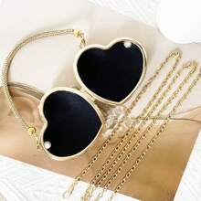 Heart Shaped Lipstick Cosmetic Bag, Sophisticated Evening Bag With Chain And Diamonds Encrusted - 黑色 - 查看 3