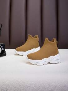 儿童高帮透气运动鞋，鞋底柔软防滑，时尚休闲步行运动鞋，棕色/白色，适合男孩和女孩 - 棕色 - 查看 3