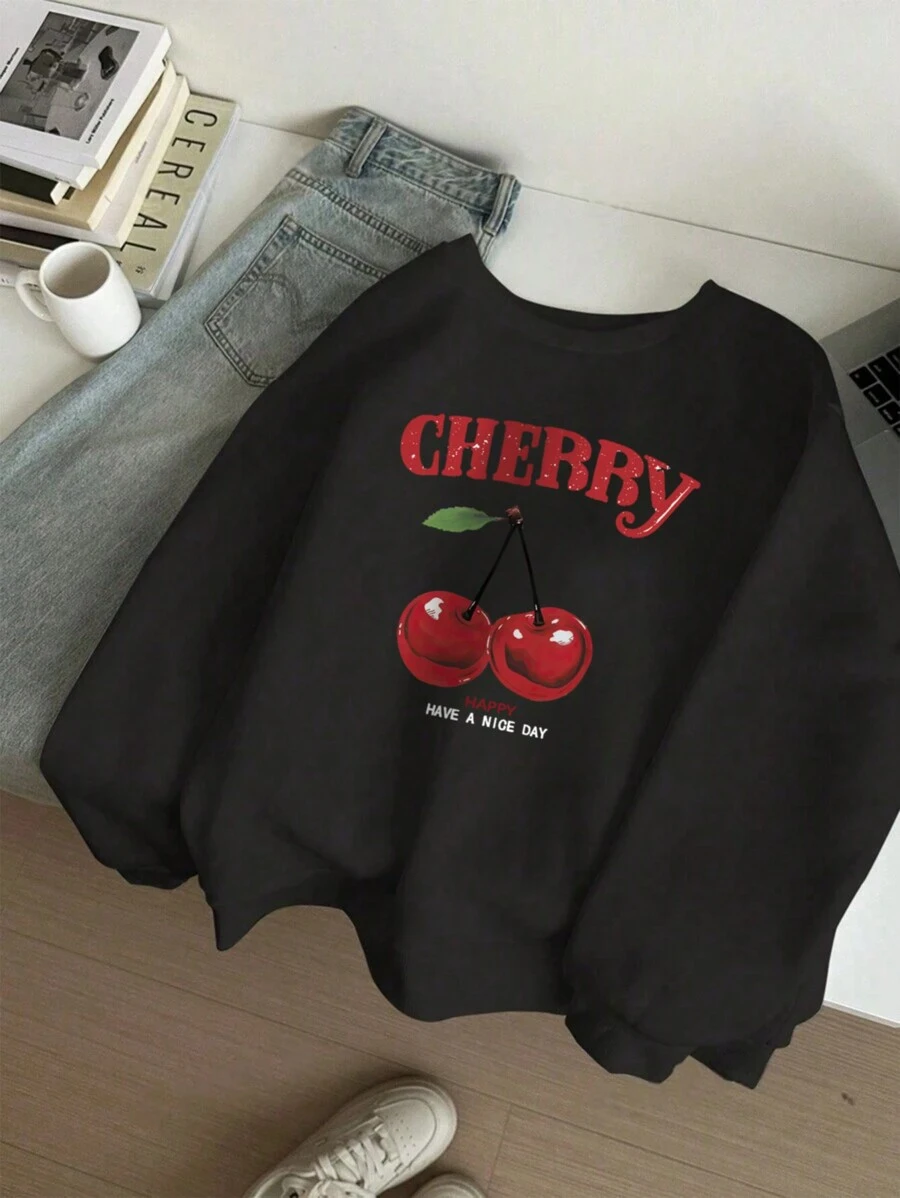 1 件女童休闲樱桃印花圆领运动衫，秋冬厚长袖学生套头衫 - 黑色 - 查看 1