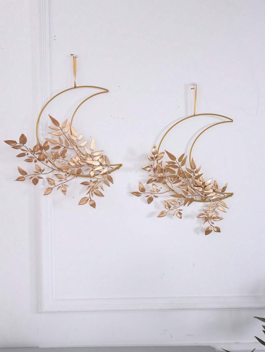 1 Piece - Home Decoration, 40cm Artificial Orange Leaf Wreath. Decorations Moon Iron Pendant, Decoration, Artificial Flower Hanging Decoration, Suitable For Living Room Wall Decoration