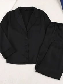 Elegant Fashion Silk-Like Pajama Set For Women - Stylish Western-Cut Deep V-Neck Button-Up Cardigan Sleepwear, Perfect For Lounging & Light Outdoor Activities - 黑色 - 查看 3