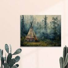 Native American Wolf &  Camp Canvas Wall Art - Wooden Framed Decor For Bedroom, Home Office, Perfect For Room Decor - (Wrapped Canvas) - 藍色 - 查看 2