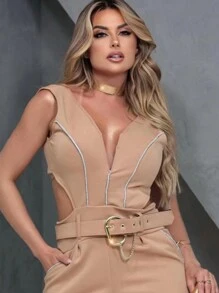 Women's Jumpsuit Short Tank Top Belt Shiny Shorts Zipper - Màu be - Xem 3