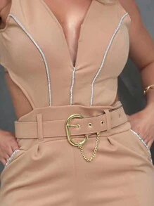 Women's Jumpsuit Short Tank Top Belt Shiny Shorts Zipper - Màu be - Xem 1