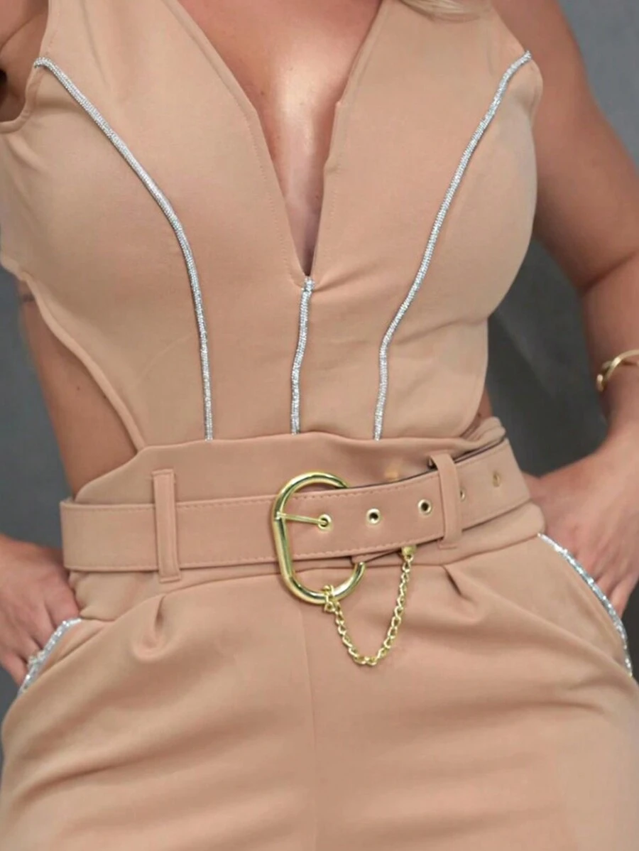 Women's Jumpsuit Short Tank Top Belt Shiny Shorts Zipper - Màu be - Xem 1