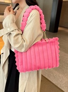 1 件超大号毛绒拉链托特包，时尚金属链条毛绒手提包，大容量，适合女性日常使用，秋冬新款，新款女士皮草包 - 玫紅色 - 查看 7