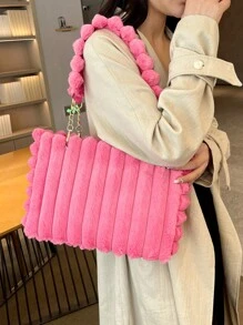 1 件超大号毛绒拉链托特包，时尚金属链条毛绒手提包，大容量，适合女性日常使用，秋冬新款，新款女士皮草包 - 玫紅色 - 查看 5