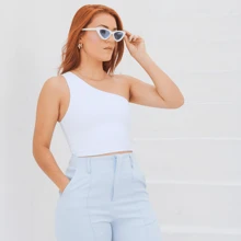 Cropped Top One Shoulder Lined Polyamide High Quality UV50+ Protection Casual Gym - 白色 - 查看 4