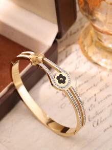 1 chiếc vòng tay thép không gỉ họa tiết hoa lãng mạn bằng vàng 18K chống thấm nước dành cho nữ, thích hợp đeo hàng ngày, đám cưới, kỷ niệm - vòng đeo tay - Xem 8