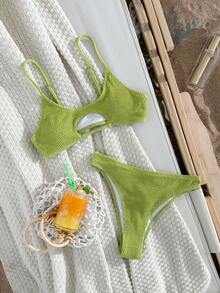 Women's Sexy Casual Spaghetti Strap Cut Out Medium Stretch Bikini Set With High Cut Bottom Summer Beach Outfit