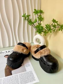 Einfarbige warme Hausschuhe, plüschige warm gefütterte Sohlen mit dicker rutschfester Sohle, fluffige bequeme Schuhe für den Winter, High Heel Sandalen