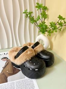 Einfarbige warme Hausschuhe, plüschige warm gefütterte Sohlen mit dicker rutschfester Sohle, fluffige bequeme Schuhe für den Winter, High Heel Sandalen