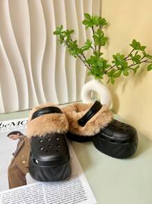 Einfarbige warme Hausschuhe, plüschige warm gefütterte Sohlen mit dicker rutschfester Sohle, fluffige bequeme Schuhe für den Winter, High Heel Sandalen