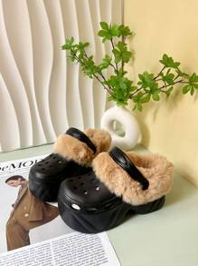 Einfarbige warme Hausschuhe, plüschige warm gefütterte Sohlen mit dicker rutschfester Sohle, fluffige bequeme Schuhe für den Winter, High Heel Sandalen