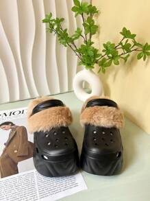 Einfarbige warme Hausschuhe, plüschige warm gefütterte Sohlen mit dicker rutschfester Sohle, fluffige bequeme Schuhe für den Winter, High Heel Sandalen