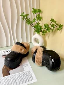 Einfarbige warme Hausschuhe, plüschige warm gefütterte Sohlen mit dicker rutschfester Sohle, fluffige bequeme Schuhe für den Winter, High Heel Sandalen