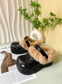 Einfarbige warme Hausschuhe, plüschige warm gefütterte Sohlen mit dicker rutschfester Sohle, fluffige bequeme Schuhe für den Winter, High Heel Sandalen