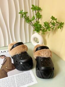 Einfarbige warme Hausschuhe, plüschige warm gefütterte Sohlen mit dicker rutschfester Sohle, fluffige bequeme Schuhe für den Winter, High Heel Sandalen