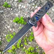 Survival Camping Knife, Dragon Engrave Handle, Blue/Red Style, With Pocket Clip Good For Outdoor And Collection Knives,Back To School,School Supplies