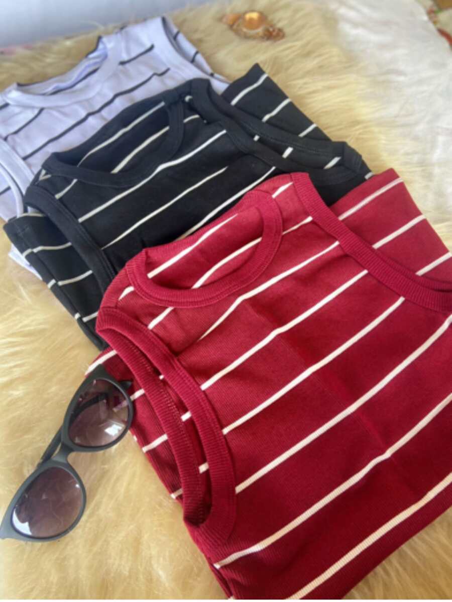KIT 3 BELLA BLOUSE STRIPED TANK TOP SUMMER FASHION CASUAL BEAUTIFUL ELEGANT CASUAL - 紅木色 - 查看 1