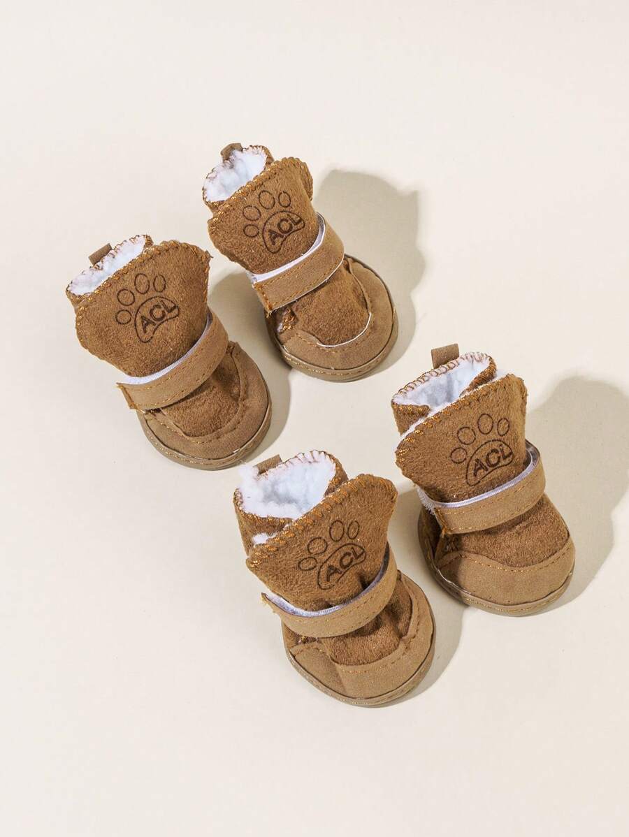 4pcs Plush Leather Small Pet Shoes, Small Pet Warm Fleece Snow Boots, Small Pet Decorative Shoes, Suitable For Indoor And Outdoor Wear For Small To Medium Pets