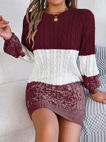 Nuevo vestido de suéter de manga larga con cuello redondo, bloque de color a rayas para otoño/invierno - Burdeos - Ver 3