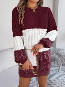Nuevo vestido de suéter de manga larga con cuello redondo, bloque de color a rayas para otoño/invierno - Burdeos - Ver 5
