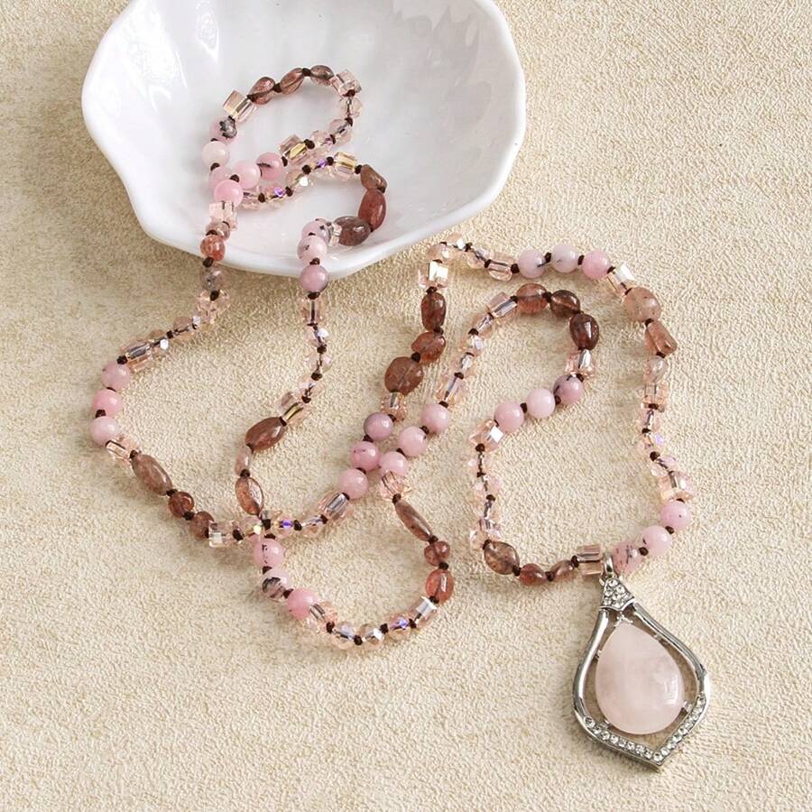 1 chiếc vòng cổ thắt nút bằng đá thủy tinh tự nhiên phong cách Bohemian, mặt dây chuyền hình giọt nước bằng đá tự nhiên 6mm cho áo len dành cho nữ