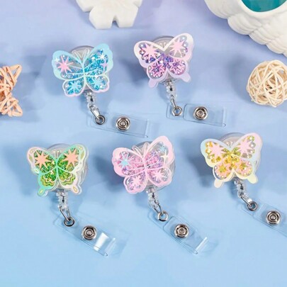 1pc/5pcs Acrylic Butterfly Badge Reel With 360° Rotatable Clip, Retractable ID Badge Holder, English Text, For Nursery Teachers, Farm Workers,School Supplies,Back To School