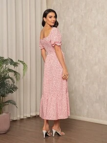 Long Dress With Puffed Sleeves Elastex Print - Pink - View 2