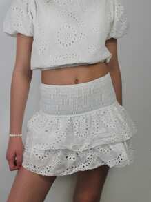 Women's Shirred Mini Skirt A-Line Pointelle High Waist Layered Ruffle Skirt For Summer Party Club - White - View 7