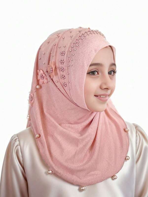 1 Stück Kopftuch Hut, mit Juwelen und Blumen verzierter, dehnbarer einfarbiger Turban Hijab Kappe für Mädchen