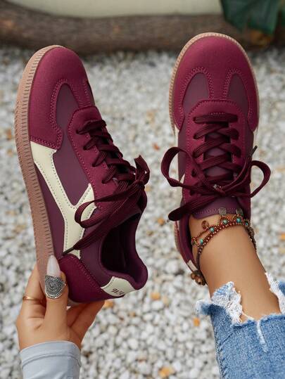 Fall/Winter New Women Flat Lace-Up Shoes With Color Block, Round Toe Comfy Running Sneakers For Casual, Commute, Outing, Party, All Season
