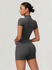 MASKERT Women's Yoga Jumpsuit Exercise Short Sleeved Sports Jumpsuit Skin Friendly High Elasticity Jumpsuit Summer - Flint Stone - View 3